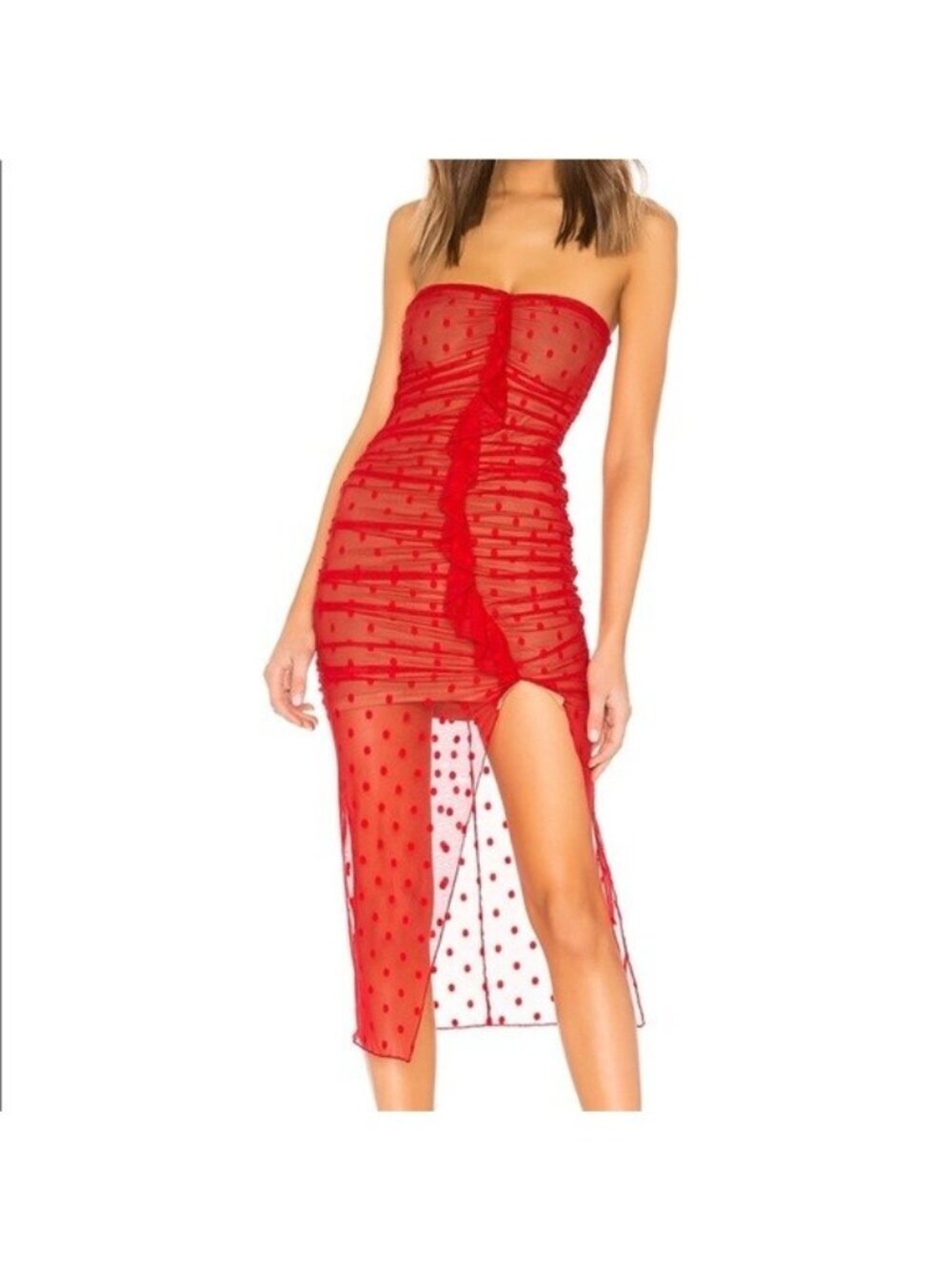MAJORELLE BRADY DRESS REVOLVE red SMALL bodycon strapless polka dot sheer